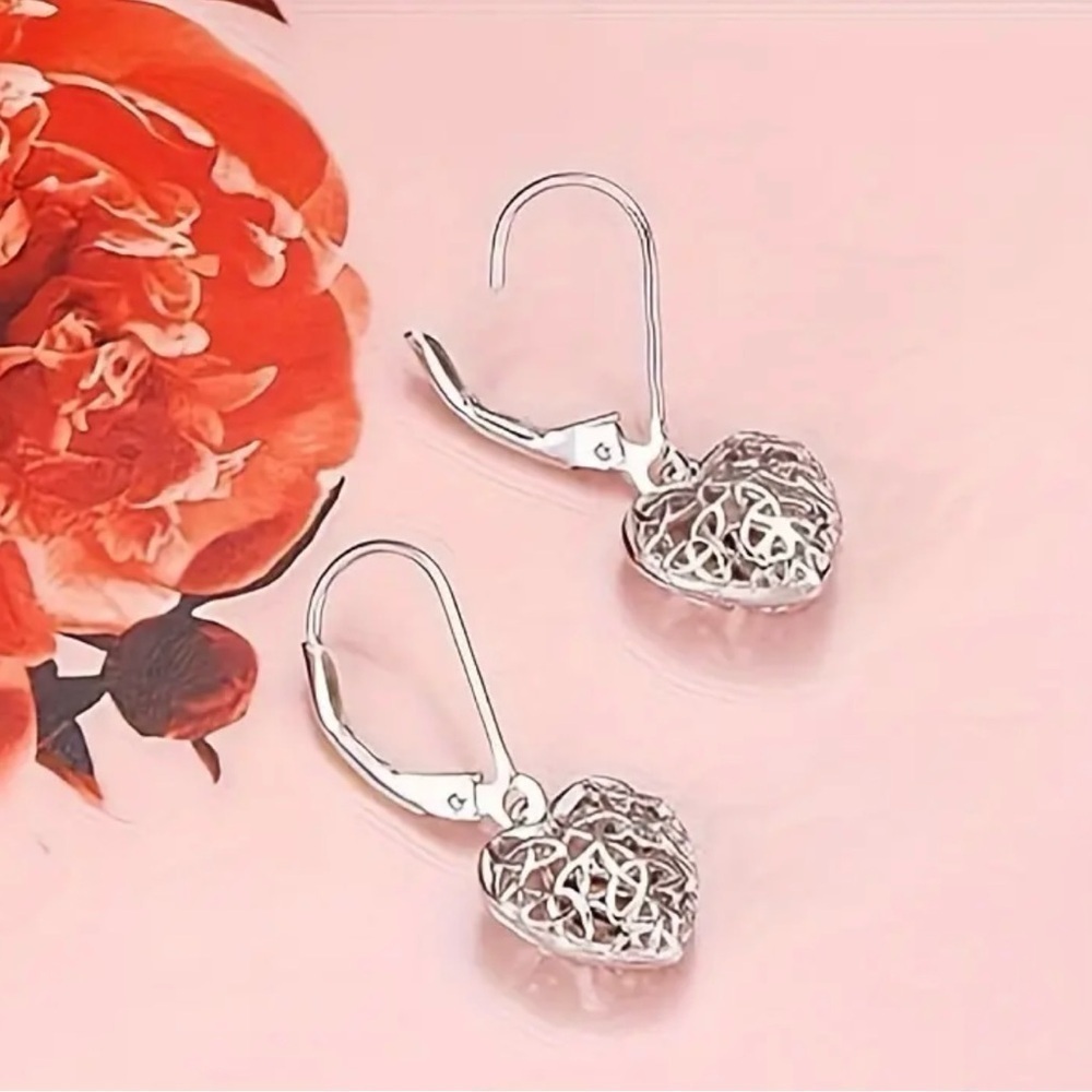 Sterling Silver Hollow Heart Drop Filigree Dangle Earrings - NWT - Picture 5 of 6